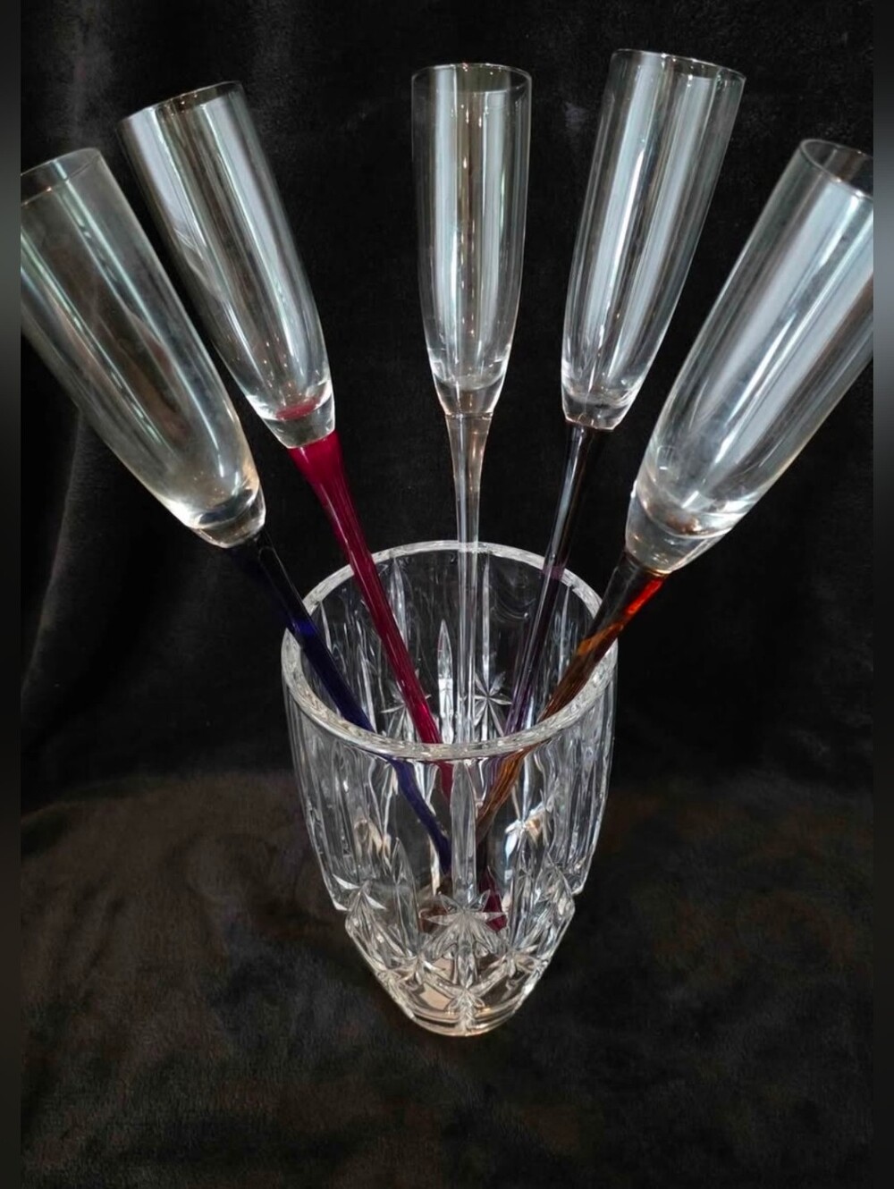 Vintage Hand-Blown 17" Long Stem Champagne Flutes - Set of 5 - Multicolor Stems